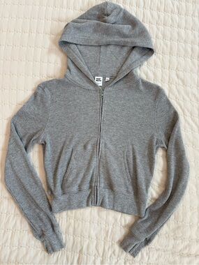 Aritzia TNA Waffle Cropped Zip Hoodie Heather Dover Grey Size 2XS/XXS